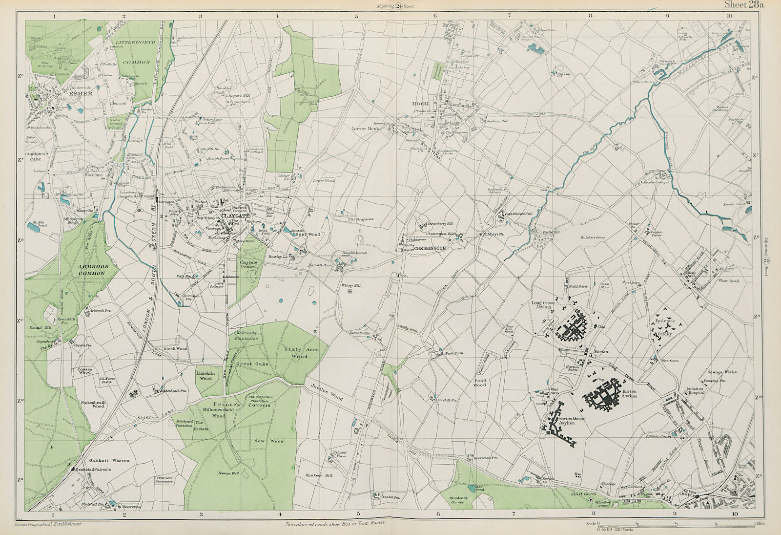 ESHER/EWELL Epsom Claygate Oxshott Hook Chessington Hinchley Wood.BACON 1913 map